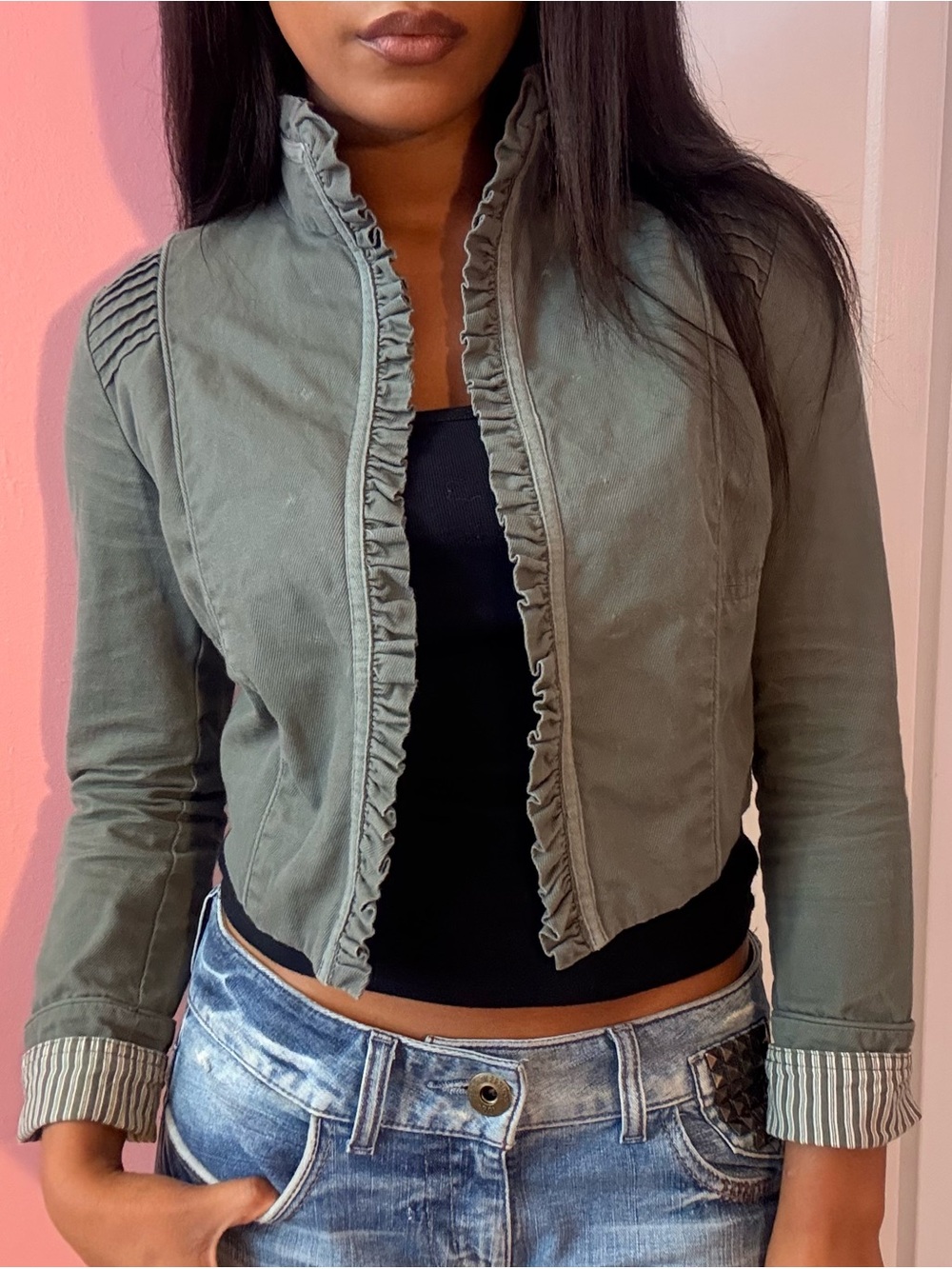 y2k cropped Ruffle-Trim Jacket - Picture 4 of 4